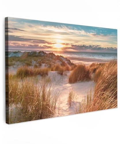 MuchoWow© Leinwandbild Groß XXL Dekoration Wohnzimmer Bilder Aufhängen Wall | 120x80 cm - Decoration Living Room Wohnungs Deko Moderne Düne - Pflanzen - Sonnenuntergang - Strand und Meer - Sonne - Himmel