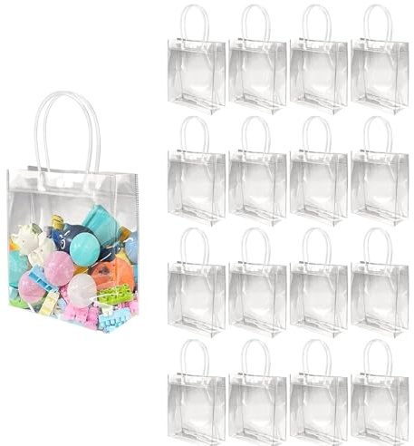 16 Stück durchsichtige Plastiktüten mit Griff, wiederverwendbare Plastiktragetaschen, Geschenktüten für Hochzeitsgeschenke, Babygeschenke, Einkäufe und andere kommerzielle Zwecke. (25x18x7 cm)