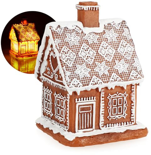 com-four® Lichthaus in Lebkuchen-Optik 18 cm - Lebkuchenhaus mit Beleuchtung - Weihnachtsdekoration mit zeitgesteuerter Beleuchtung - Weihnachtsdekoration (1x Lebkuchen Haus)