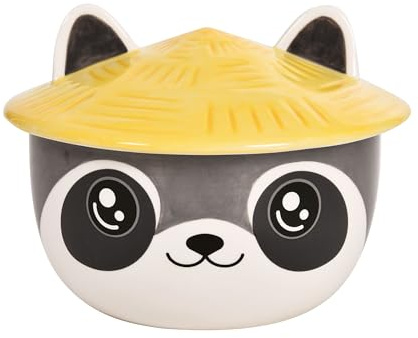 Elbenwald Tvättbjörn Kawaii-skål med lock för anime-fans Ramenskål flingskål med allroundtryck 550 ml keramik grå