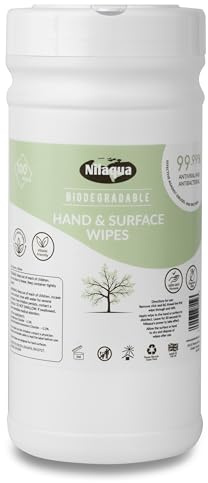 Nilaqua ECO Cleaning and Disinfectant wipesfor Surfaces & Hands - Multi Purpose, Pastic Free Biodegradable Wet Wipes, Kills UP to 99.9999% Germs - Canister of 100 Wipes, 200mm x 200mm