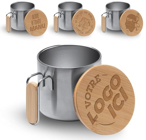 GRAVURE CONCEPT Mug En Inox Avec Couvercle Bambou Personnalisable | Mug RIMOR - Tasse 350 mL Personnalisée - Idée Cadeau - Haute qualité - Finition premium - Personnalisation sur mesure