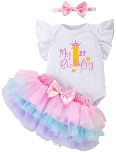 Winmany Baby flicka första födelsedag kläder 3 st rosett pannband min 1:a födelsedag romper tutu kjol tårta smash outfit set för fotografering, Rosa krona, 9-12 mois