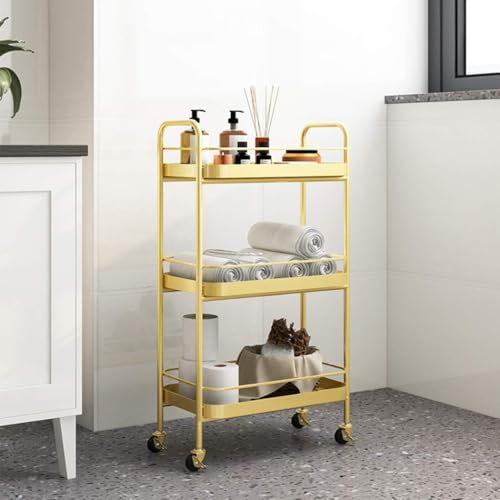 Barwagen aus Metall, Servierwagen für die Hausbar, Küchenwagen, Kosmetikwagen mit Bremse, Rollwagen für Bar, Küche, Esszimmer(Color:Gold)