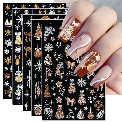 JMEOWIO Nagelsticker Weihnachten Glitzer 8 Blatt Nail Art Sticker Selbstklebend Nagelaufkleber Schneeflocke In Rosé Gold Dekoration Nageldesign Zubehör