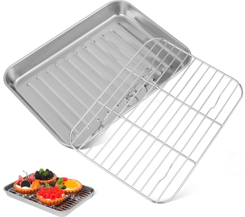 ABOOFAN Stainless Steel Baking Tray Set with Wire Rack 9.25X6.9 Inch Non-Stick Oven Sheet Pan for Roasting Meat Cookies Pizza Multipurpose Cooking