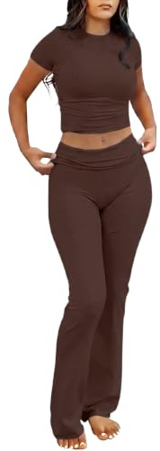 IWOLLENCE Loungewear Sets for Women UK Two Piece Outfit Short Sleeve Crop Top and High Elastic Waist Wide Leg Trousers Co Ord Set (Dark Brown, S)