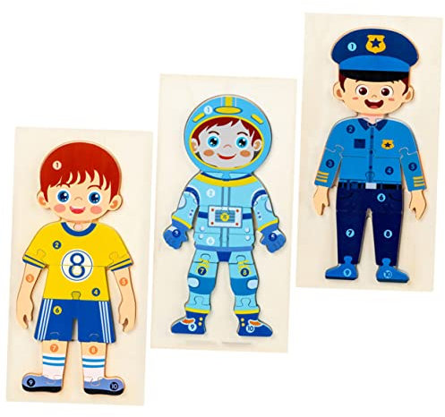 JOINPAYA 3pcs Wood Character Cognition Puzzles for Toddlers, Educational Early Development Toys for Boys and Girls, Includes Athlete, Police Officer, Astronaut, Portable Baby Set