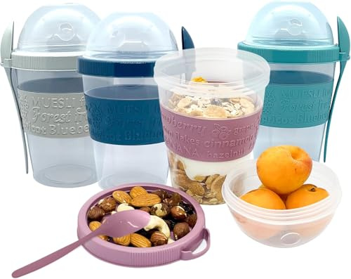 spar-home® 4er Set Joghurtbecher To Go 600ml –Müslibecher To Go mit Löffel Müsli To Go Becher mit Deckel für Joghurt Müsli Essen im Unterwegs Büro Schule (Bunt_4er)