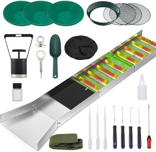 NEWTRY Gold Panning Kit with 50 Folding Sluice Box 27pcs Complete Gold Mining Kit, Gold Pan & Accessories Portable Aluminum Alloy Mining Equipment for Beginner Prospectors