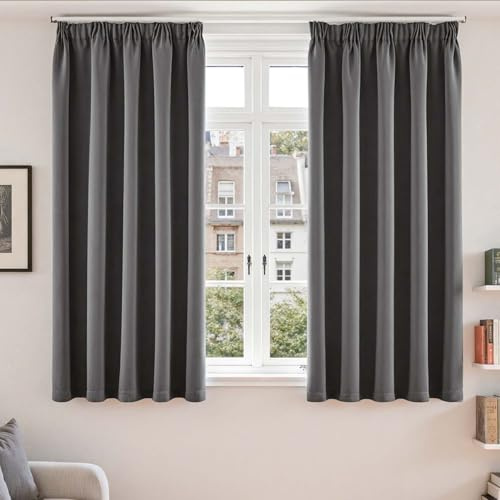 Vangao Gardinen mit Kräuselband Blickdicht Wohnzimmer H160 x B140cm 2er Set Thermo Blickdichte Vorhänge Kurz Küche Schlafzimmer Kinderzimmer Fenster 160 cm hoch Modern Verdunkelnd Gardinen, Dunkelgrau