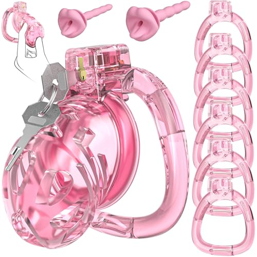 Gikk Male Chastity Cage - Soft Silicone Cock Cage with 6 Adjustable Rings, Lightweight Penis Lock Device, Invisible Design, Comfortable Submissive Control & Long-Term Bondage Play (Pink, M)