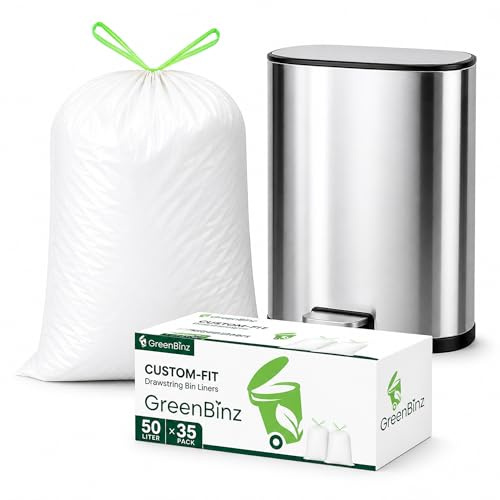 GreenBinz 50L Drawstring Bin Bags – 35 Count Heavy Duty Tall Kitchen Bin Liners 50 Litre – Strong Leak-Proof 30 Micron, Made from Recycled Plastic – Fits Most Swing & Pedal Bins, White