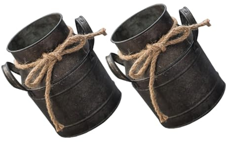 ERINGOGO Retro Iron Flower Bucket Set, 2pcs Vintage Milk Pot Buckets, Rustic Metal Flower Pot Vases for Home Garden Decor and Bouquet Display