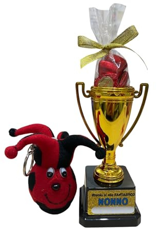Trofeo Premio Nonno con Peluche Portachiavi e Cioccolatini, Coppa 6,5 x 14 cm, Regalo Festa dei Nonni (Rossonero)