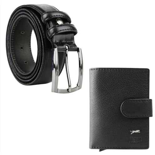 JAGUAR Set Regalo Uomo, Portacarte in Pelle Nero RFID, Cintura 125 cm