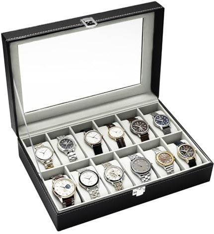 QinyOulhause Boîte à Montres 12 Emplacements - Coffret à Montres en PU avec Doublure Détachable en Velours pour Rangement Montre et Cadeaux Anniversaire Noël