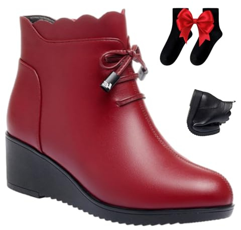 Botines ortopédicos de piel auténtica con cordones para mujer, con plataforma de cuña, botas de invierno cálidas con cremallera lateral y forro de piel, Cuña roja, 38 EU
