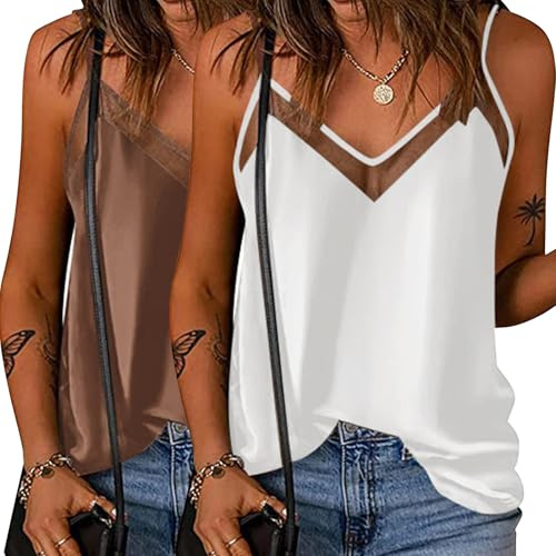 Ekouaer 2 Piezas Camisola de Satén de Seda para Mujer Top de Malla Blusa de Satén de Tirantes Cuello en V Elegante Strappy Top S-XXL