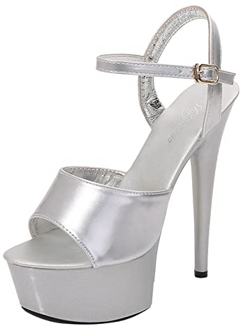 Högklackade damer, sexiga platåskor, sommar, eleganta sandaler, öppen tå, sandaletter, sandaler med ankelrem, silver, stilettos läder, höga skor för vardagen, dejting, fest, silver, 39 EU