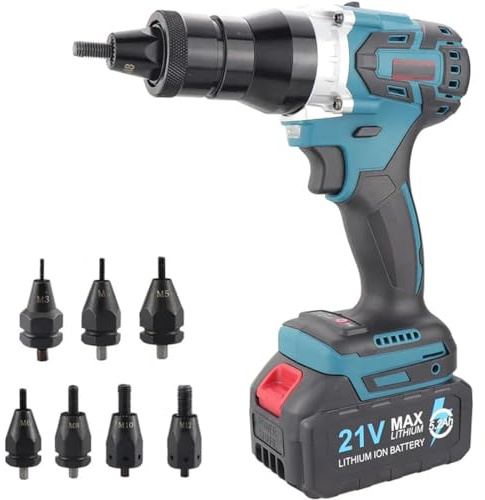 Pistola remachadora inalámbrica, kit de herramientas remachadoras ciegas sin escobillas para tuercas de remache de hierro y aluminio, incluye luz LED y batería de 2200 mAh