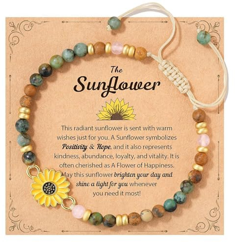 Sunflower Crystal Bracelet, Positive Sunflower Gift for Women, Adjustable Healing Crystal Beaded Bracelet for Girls Women, Good Luck Jewellery Gift for Bestie Friend Mum Daughter Grandma Sister Wife