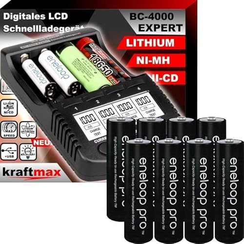 Original BC-4000 EXPERT Ladegerät + 8 Panasonic Eneloop Pro Mignon AA Akkus - Set mit Ladestation und Akku Batterien in kraftmax Premium Akkubox
