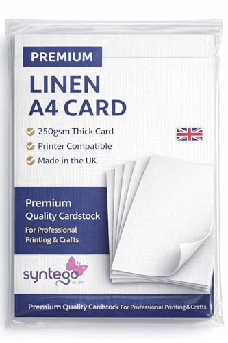 Syntego A4 Linnekort 250 gsm – återvunnet silkesväv texturerat kort för tryck, inbjudningar, menyer och hantverk (10, vit)