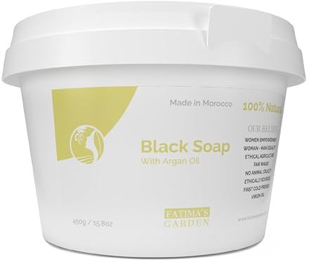 Fatima's Garden Savon Noir à l'Huile d'Argan - Nettoyant Exfoliant, 450g
