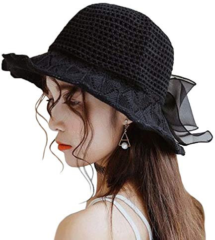 IBLUELOVER Fischerhut Damen Sommer Sonnenhut UV Schutz Damenhut Faltbarer Breite Krempe Sommerhut Bowknot Atmungsaktiv Strandhut Baumwolle Strickhut Strohhut Faltklappe Weich Mütze mit Kinnriemen