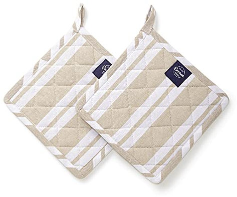 Encasa XO 21 cm Ofen-Mikrowellen-Topflappen (2er-Set) zum Kochen und Backen in der Küche - hitzebeständig, Schutz der Hände vor heißen Gerätschaften - Franca Beige Streifen