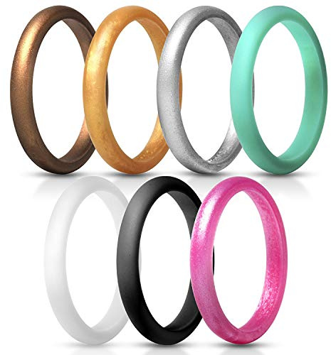 JewelryWe Women's Silicone Ring,Pack of 7 Glossy Silicone Stacking Rings Thin Wedding Bands Anniversary Promise Rings