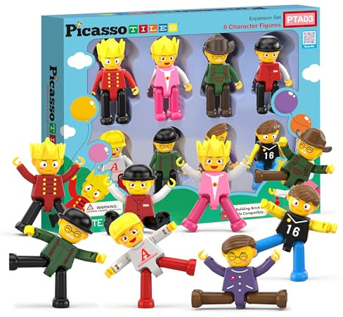 PicassoTiles Figuras magnéticas de 8 piezas de figuras de acción de personajes para niños, juego de juguetes de expansión magnética, paquete variado de juegos de personas, complementos STEM, juego de