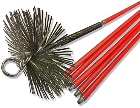 Kit de ramonage pro conduits non gainés | Hérisson acier plat | Ø 250 mm | 8,50 m 6 cannes | Ressort de départ | Embouts métal | Cheminées poêles chaudières gouttières canalisations | Kibros 4KIT25Ab