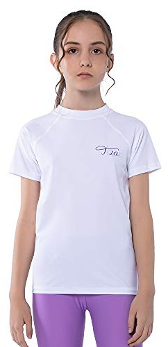 TIZAX Maglietta Nuoto UV a Maniche Corte da Bambina Costume da Bagno per Ragazze Rashguard per Surf Nuoto Immersione Spiaggia Bianco 140