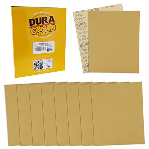 Dura-Gold Premium 9 x 11 Gold Sandpaper Sheets, 150 Grit (Box of 10) - Wood Furniture Woodworking, Automotive Paint, Full-Size Cut to Use on 1/4, 1/3, 1/2 Sheet Finishing Sanders, Hand Sanding Block