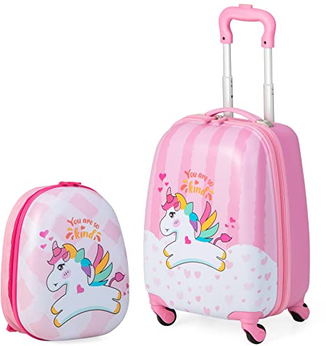 Maxmass 2PCS Kids Luggage Set, Hard Shell Children Trolley Case with 4 Universal Wheels, Girls Boys Suitcase and Backpack Set for Travel (Pink Unicorn, 12+16)