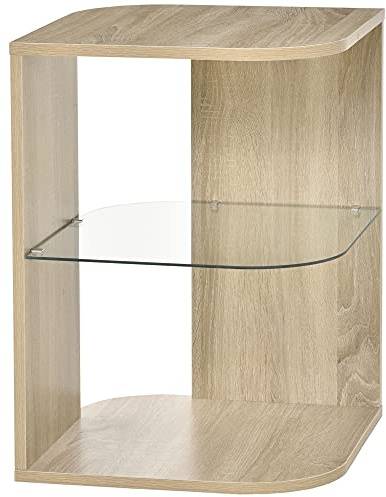 HOMCOM Table d'Appoint Guéridon Design Contemporain Étagère Bois Naturel | Bout de Canapé, Verre trempé