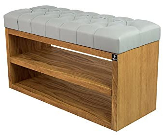 EMRA WOOD M-DEKO LPS-5 Polsterbank Schuhbank Chesterfield Gesteppt mit Ablage Bezug aus Kunstleder Hellgrau Gestell aus Holz Nach Maß (Höhe 50cm Tiefe 40cm, 50)
