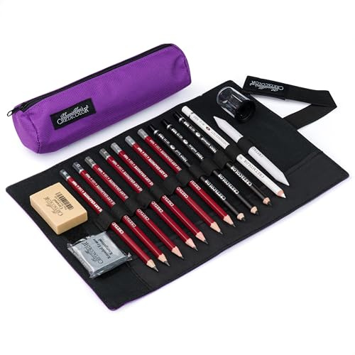 CRETACOLOR Rolletui „Einsteiger-Set“ 16-TLG – Zeichenstifte, Graphit, Nero & Weißkreide – Zeichen-Set für Skizzieren & Schattieren – Künstlerbedarf mit Zubehör im lila Etui