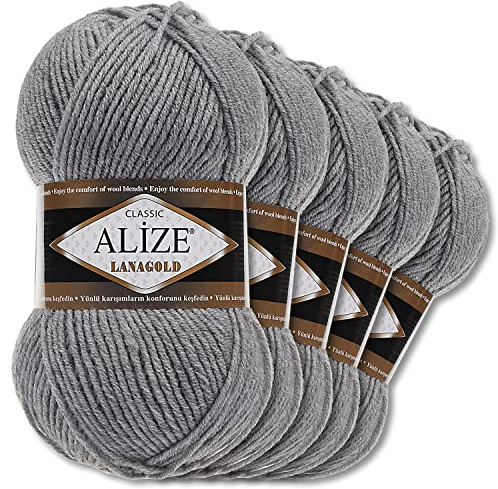 Wohnkult Alize 5 x 100 g Lanagold Wolle | 53 Auswahl | Stricken Häkeln Wolle (21 | Grau Melange)