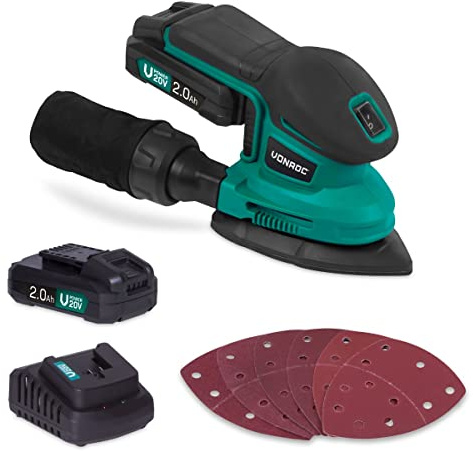 VONROC Deltaschleifer Akku, Dreieckschleifer, Multischleifer - Schleifgerät, Handschleifer mit Staubbehälter 20V inkl. 2x2Ah Akku & Ladegerät - Für Holz, Kunststoff, Metall - inkl. 6 Schleifpapier