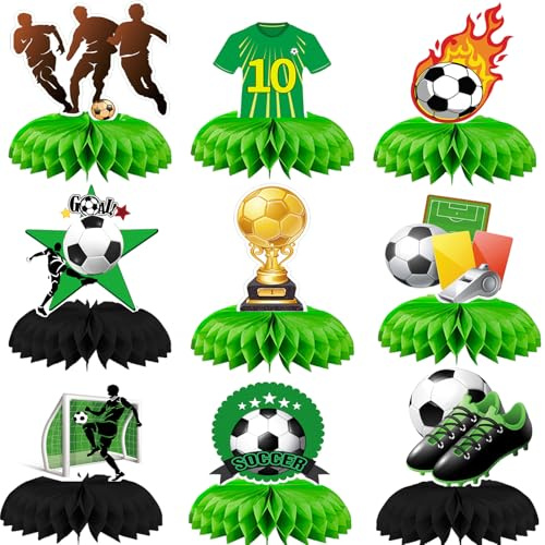 9 Pcs Soccer Birthday Decorations - Honeycomb Centerpieces, 3D Football Theme Party Table Toppers for Boys Kids Birthday Party