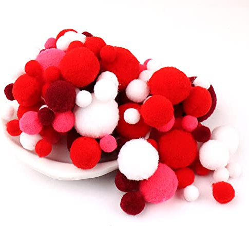 135 Bunte Pompons zum Basteln,10-30mm Mini Pompons Bälle Kleine Bommeln Kugeln,Flauschigen Bunte Pom Pom Deko Pompom Plüschbälle Bastel Zubehör für Nähen Deko DIY Handwerk,Rot Weiß