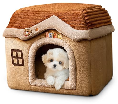 ALLSOPETS Caseta para Gatos y Perros Pequeños, Casa Plegable de Interior con Colchón Extraíble, Base Antideslizante y Diseño Caliente Acogedor para Mascotas (Marrón, M)