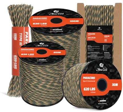 Abma Cord Paracord 620lbs 4mm 30M 100% Nylon Seil Typ 3 Schnur mit 9 Kern für Basteln, Camping, Survival, Outdoor - Max. 280kg - R Camo