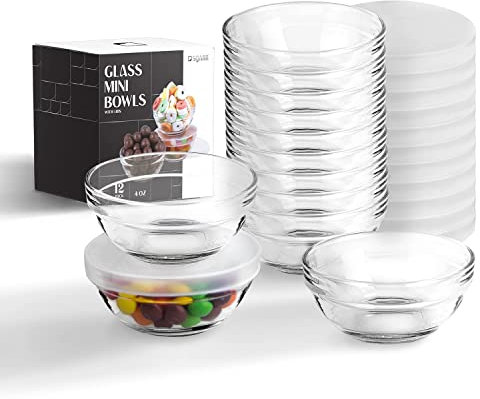 SQARR Lot de 12 petits bols en verre avec couvercles, parfaits pour les amateurs de cuisine, mini bols pour bonbons, desserts, noix, fête, trempettes, condiments, sauces, ingrédients