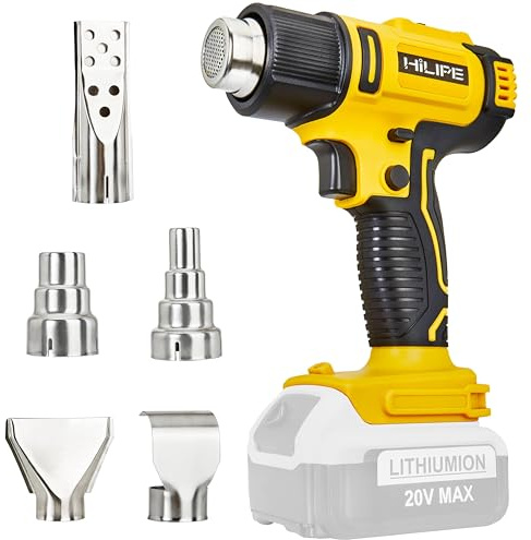 HILIPE Cordless Heat Gun for DeWALT 20v Battery,Lithium Hot Air Gun, 5 Nozzle Attachments,2-Temp Setting Max 1022°F(550°C),Heat Gun for Shrink Wrapping, Tube Bending (Tool Only, NO Battery)