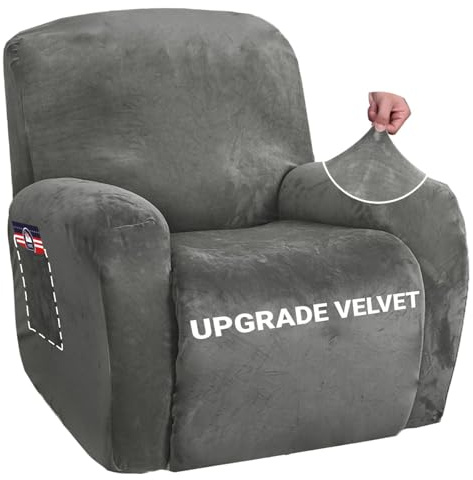 ZNSAYOTX Stretch Velvet Recliner Cover 4-Pieces, Thick Soft Recliner Chair Slipcover with Pocket, Non-Slip Elastic Bottom for Kids Pets, Luxury Plush Reclining Protector Comfy Washable (Grey)