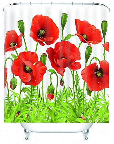 Whoiy Duschvorhang Rote Blumen, Duschvorhang Eckbadewanne 165X180cm Polyester Shower Curtains Mohnblume Grün Waschbar Wasserdicht